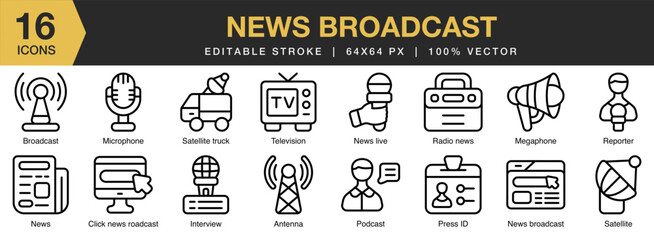 News Broadcast icon set. Editable Stroke Icon Collection. Includes news, broadcast, media, television, anchor, report, and More. Outline icons vector collection.