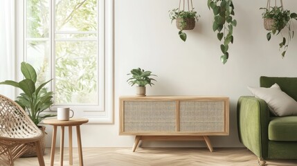 Bright, airy living room with plants, wood furniture and green sofa