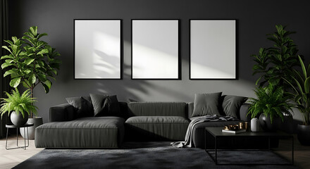 Modern minimalist living room interior design with blank picture frames plants and sofa arrangement