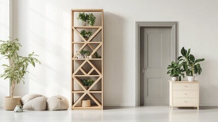 Light floods a minimalist room with plants, wooden shelves, seating, and a closed door