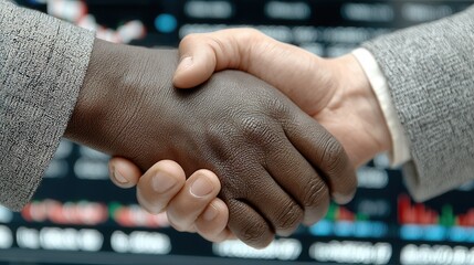 Two diverse businesspeople shake hands over a tech-filled table with financial graphs, city skyline and digital screen in the background.