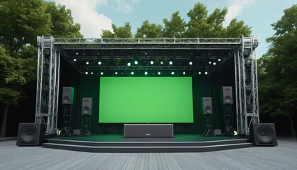 Outdoor stage with green screen backdrop, illuminated by stage lights, set in a natural environment.