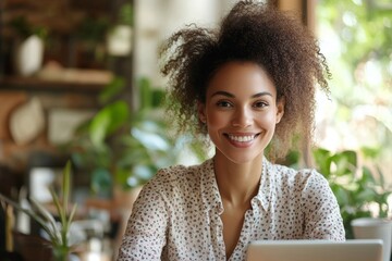Smiling podcast host working from home, engaging with her audience through her microphone while enjoying a productive workday, Generative AI