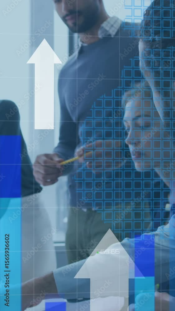 Poster animation of upload arrows and data processing over diverse colleagues talking in office