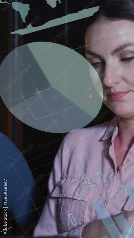 Poster animation of data processing, diverse male and female it engineers with tablet by computer servers