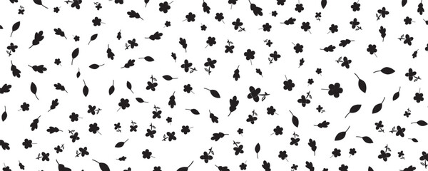 Black Silhouettes Of Flowers And Leaves Seamlessly Patterned on A White Background, Perfect for Elegant Minimalist Art, Nature Decor, and Textile Design Projects.
