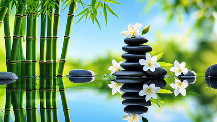 Serene Zen Garden Stacked Stones, Bamboo, and Plumeria Blossoms Reflecting in Calm Water