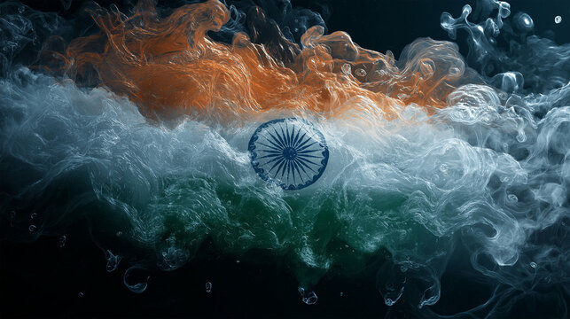 India Flag Ink Swirl: Abstract art depicting the Indian flag in a swirling ink cloud.  The vibrant colors and dynamic motion evoke a sense of energy and pride.