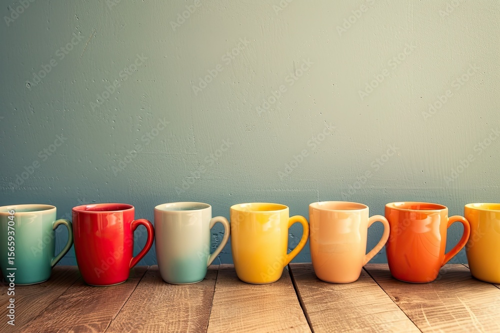 Poster Detailed Visual  of a Row of Colorful Cups Are Lined Up on a Table
