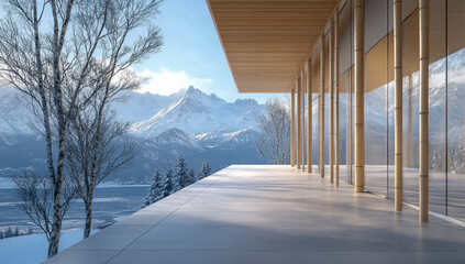 The minimalist architecture features a wooden structure with large glass windows and bamboo pillars, set against a stunning backdrop of snow-capped mountains in winter, showcasing serene alpine views.
