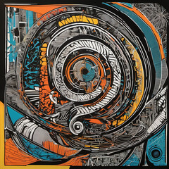 Linocut Style Quantum Entanglement Field in Graffiti Art