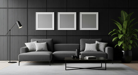 Modern living room interior design with gray furniture blank picture frames and a large potted plant.
