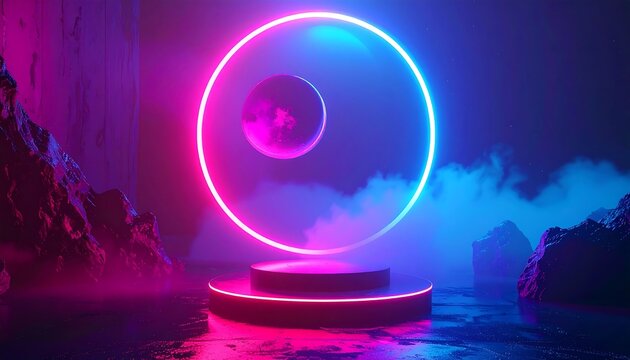 Neon Product Display Podium with Glowing Ring and Cosmic Orb in Cyberpunk Landscape. Vibrant Pink & Blue Sci-Fi Background for Tech, Metaverse & Virtual Concepts.