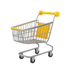 Silver shopping cart with yellow accents isolated on a transparent background
