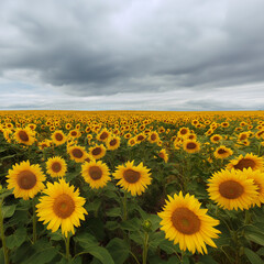 Obraz premium Large sunflower field swaying under a slightly overcast summer sky