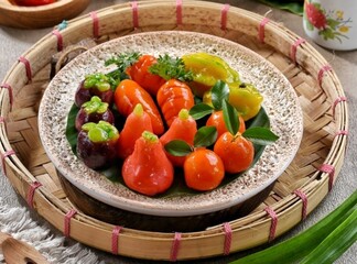 Luk chup, or Luk Coop also spelled look choop, is a type of Thai dessert derived from marzipan, a recipe from Portugal, called massapão