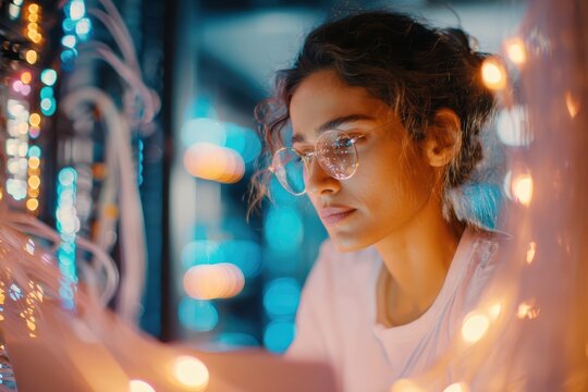 an Indian IT technician working in a server room with blinking lights