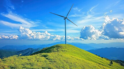 Wind Turbine on a Lush Green Hilltop Under a Bright Blue Sky