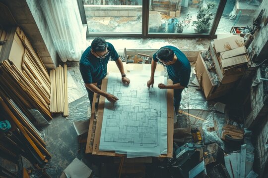 Engineer contractor team brainstorming to design a room layout for a project reconstruction house, collaborating to ensure effective space planning, Generative AI