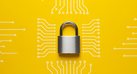 Creative Visualization of Data Protection Using Padlock Surrounded by Digital Circuit Lines on Bright Yellow Surface