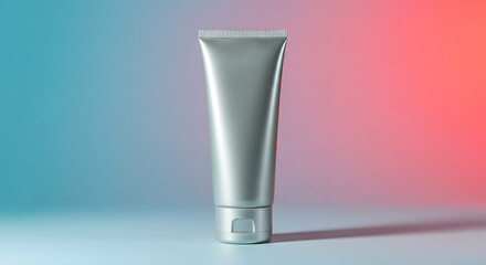 Sleek silver cosmetic tube with a flip top cap on a gradient background