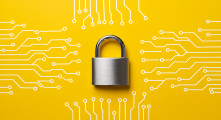 Creative Visualization of Data Protection Using Padlock Surrounded by Digital Circuit Lines on Bright Yellow Surface