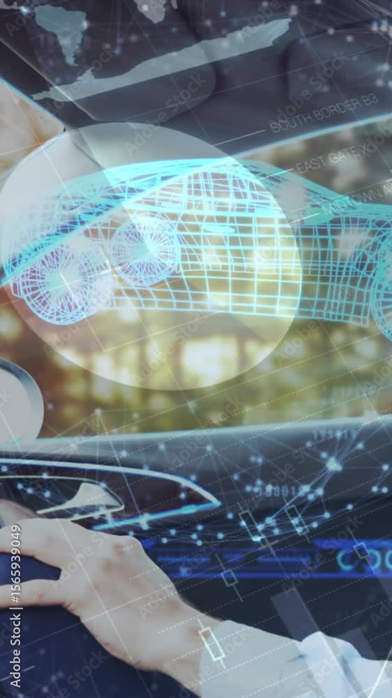 Poster animation of data processing over caucasian businessman using vr headset in car