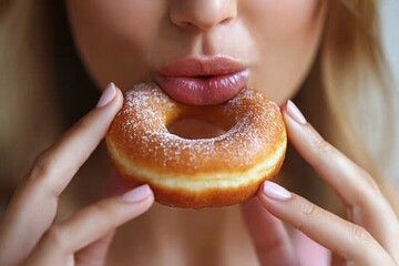 Woman cheating on her diet and eating a doughnut, with a selective focus on her mouth as she indulges in a moment of temptation, Generative AI