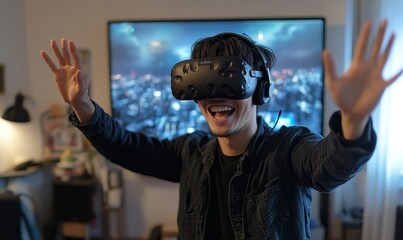 Happy young man playing a virtual reality game, fully immersed in an exciting gaming experience at home, Generative AI