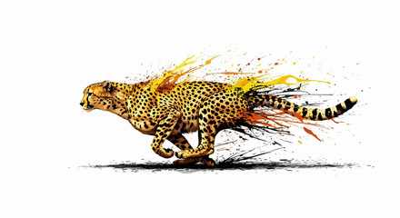A cheetah sprinting forward with extreme motion, its body breaking into yellow, orange, and black paint splashes trailing behind.