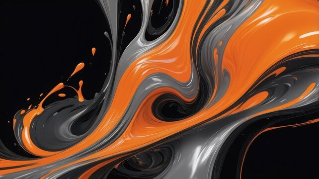 Abstract dynamic swirling liquid flow of orange and gray colors on black background