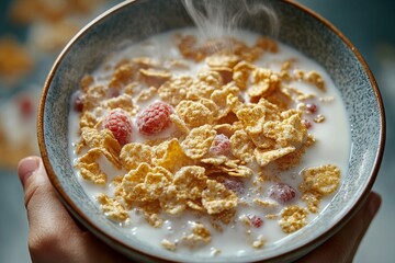 person eating a bowl of cereal with milk as breakfast, promoting a balanced and nutritious start to the day, Generative AI