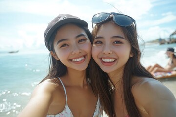 Two young women having fun taking a selfie, enjoying the moment and capturing memories together during a fun outing, Generative AI