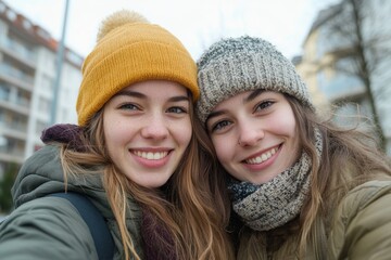 Two young women having fun taking a selfie, enjoying the moment and capturing memories together during a fun outing, Generative AI