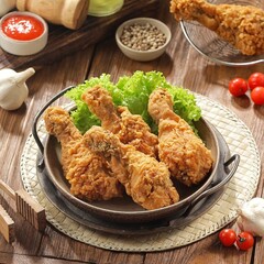 Crispy fried chicken is a dish made from pieces of chicken that have been coated with flour or a thin batter that is seasoned and fried, deep-fried, fried in a pressure fryer, or air-fried.
