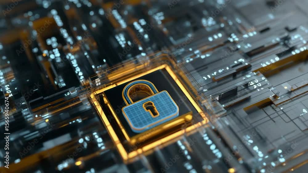 Poster abstract digital security concept with a transparent lock icon in a virtual environment showcasing d
