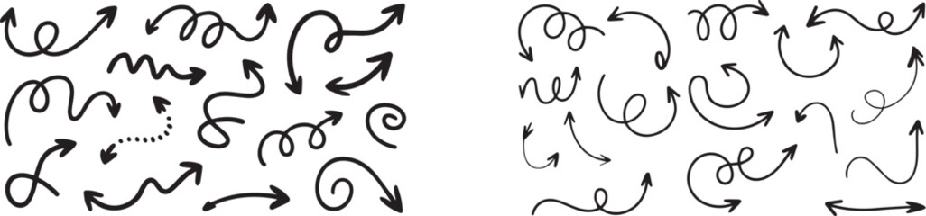 Hand Drawn Doodle Arrow Collection with Curved, Swirly, and Wavy Lines vector silhouette Collection