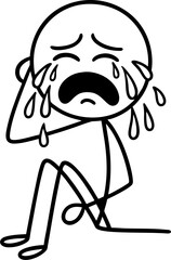 Vector cartoon stick figure drawing conceptual illustration of crying.