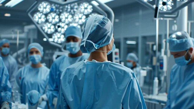 cinematic wide shot, a diverse team of doctors and nurses in modern, sterile hospital environment, interacting with advanced medical equipment - Powered by Adobe