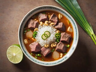Traditional Coto Makassar with Rice and Cashews in Spicy Broth – AI Generated
