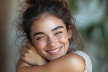 Self-care and self-esteem concept, a happy young, beautiful woman hugging herself,  self-love and positive affirmations in a peaceful setting, Generative AI
