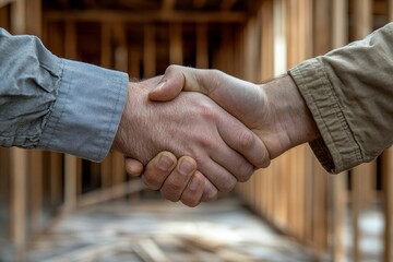 Construction worker and contractor shaking hands with the team builder at a renovation site, marking the completion of a collaborative construction project, Generative AI