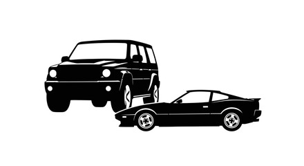 Fototapeta premium Silhouette of a SUV and sports car, side view, black and white.
