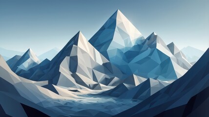 Geometric low poly mountain range under a clear blue sky