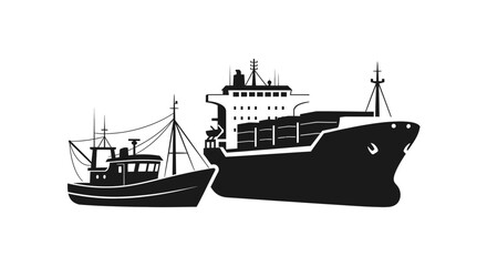 Fototapeta premium Silhouette illustration showcasing a fishing vessel alongside a large cargo ship, isolated.