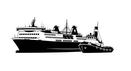 A large ferry and a smaller tugboat, depicted in a simple black and white illustration.