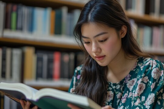 Female Asian student reading and studying a book in a library, focusing on academic success and personal development, Generative AI - Powered by Adobe
