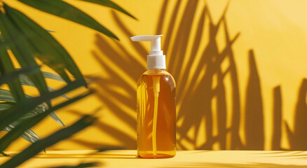 Elegant Transparent Bottle of Hair Oil Surrounded by Tropical Shadows