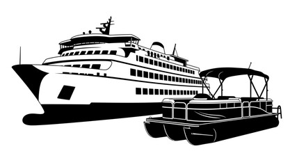 Obraz premium Silhouette of a large ferry and a pontoon boat, side-by-side on a white background.