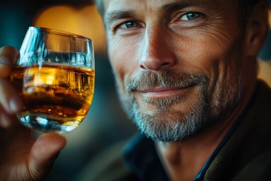 Close-up of a man holding a glass of whisky, reflecting a moment of relaxation or contemplation, Generative AI